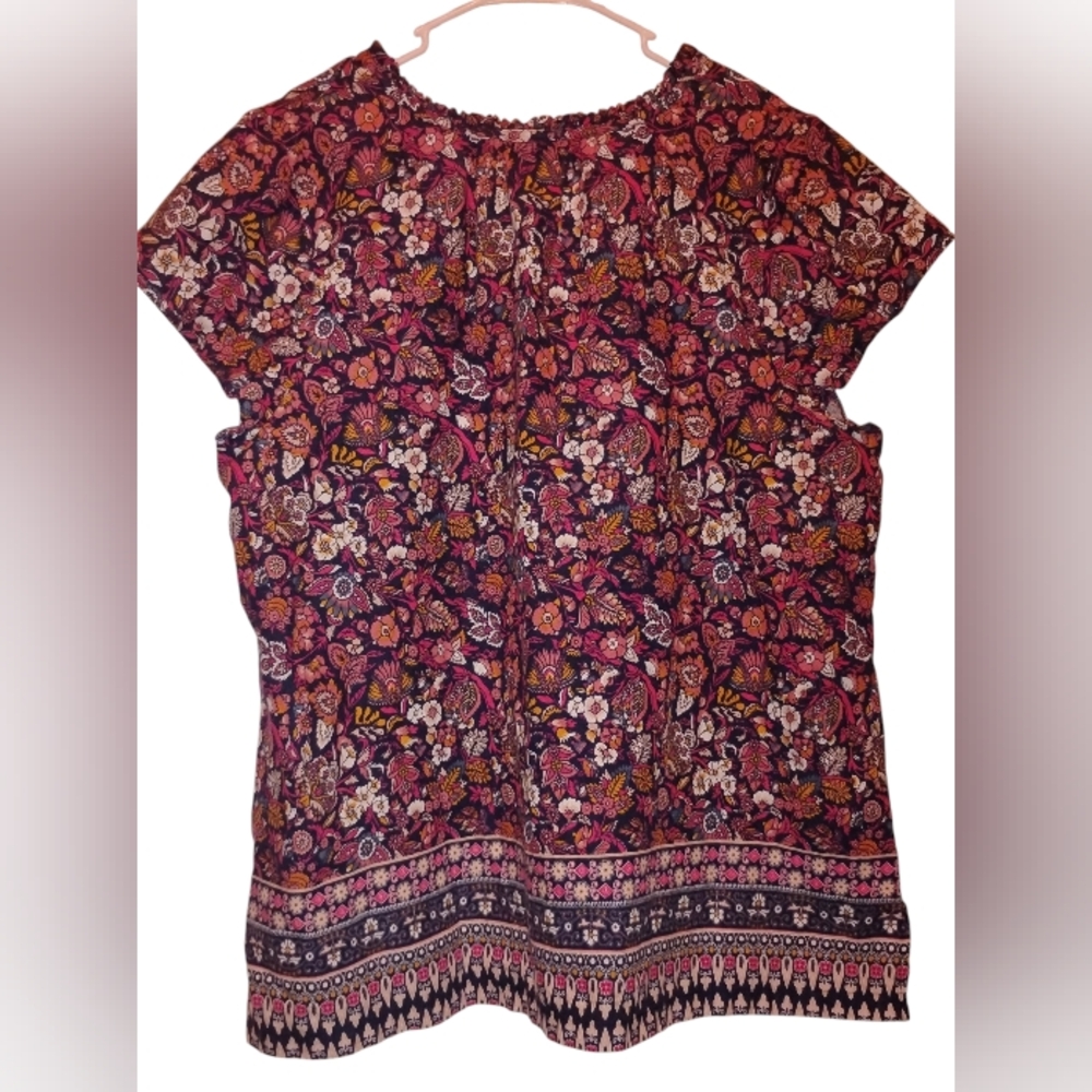 2X Liz Claiborne Pinkish Burgundy Floral Split-Neck Tunic - Picture 2 of 6